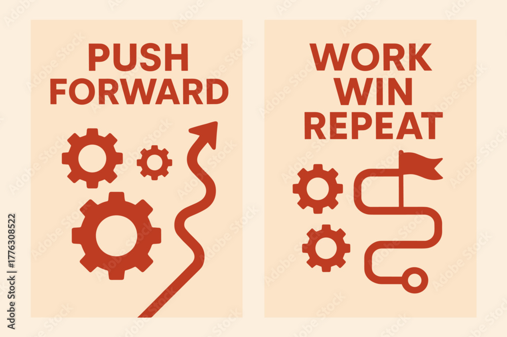 Fototapeta premium Push Forward Banners. Push forward. Two vertical A6 banners with safe margins, centered composition, no elements touching edges, flat vector design, red and