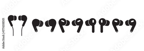Vector Icon Set of Earbuds and In-Ear Headphones: Wired and Wireless