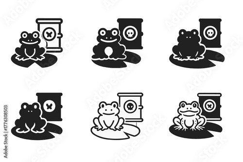 Pollution and Wildlife Logos. Pollution and wildlife. Set Logo of Pollution and wildlife: frog on lily pad beside chemical barrel symbol. Icon set. harmonious