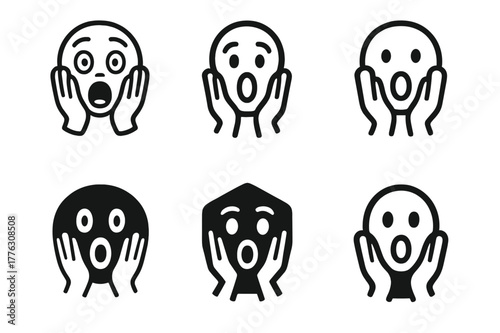 Frightened Expression Logos. Frightened expression. Set Logo of Frightened expression: hands-on-cheeks gasp. harmonious logo variations of the same emblematic
