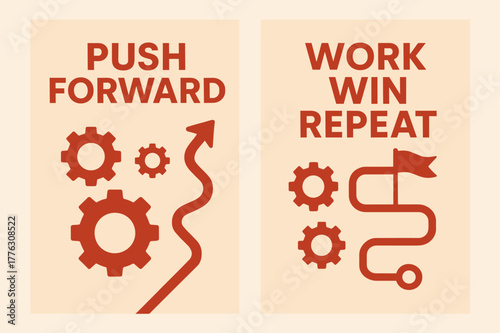 Push Forward Banners. Push forward. Two vertical A6 banners with safe margins, centered composition, no elements touching edges, flat vector design, red and