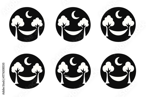 Moonlit Hammock Logos. Embracing solitude and personal time. Set Logo of moonlit hammock between trees: Symmetrical form, Negative space, Flat solid, Stylized