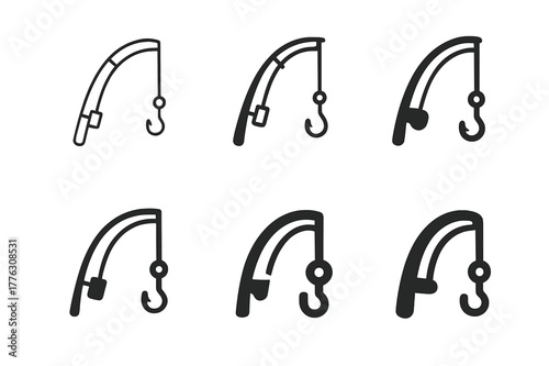 Fishing Pole Logos. Pole. Set Logo of Pole: Fishing pole with hook. Icon set. harmonious logo variations of the same emblematic concept, each with different