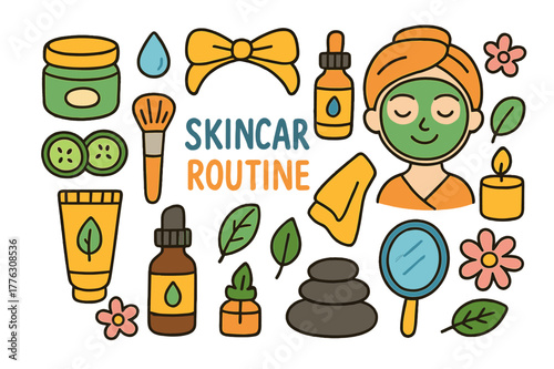 Skincare Essentials Doodle. skincare routine. Colorful Hand-drawn doodle Children illustration skincare routine face mask, cucumber slices, headband, towel,