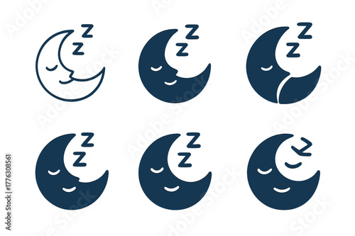 Sleep Icon Variations. The importance of sleep. Set Logo of the importance of sleep: peaceful sleeping moon. Icon set. harmonious logo variations of the same