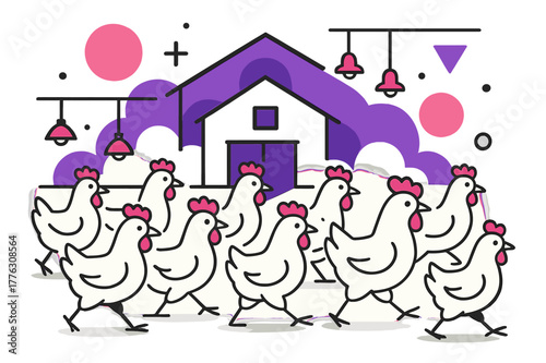 Geometric Poultry Harmony. Poultry Farm. Chickens moving in organized rows inside a poultry house with floating abstract geometric shapes and soft highlights,