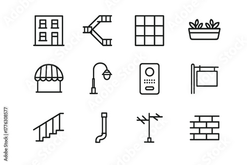 Urban Facade Icons. Urban Facades. Line icon set of Urban Facades: apartment exterior, fire escape, city window grid, balcony planter, awning, street light,