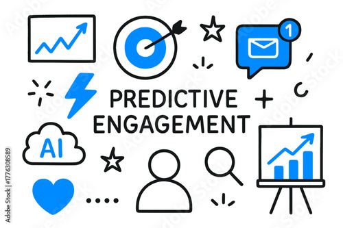 Predictive Engagement Doodle. // Predictive engagement. Hand-drawn doodle illustration Predictive engagement [graph forecast (accented), target (accented),