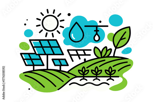 Sustainable Farming Innovation. Green technology. Solar panels and drip irrigation systems over organic fields