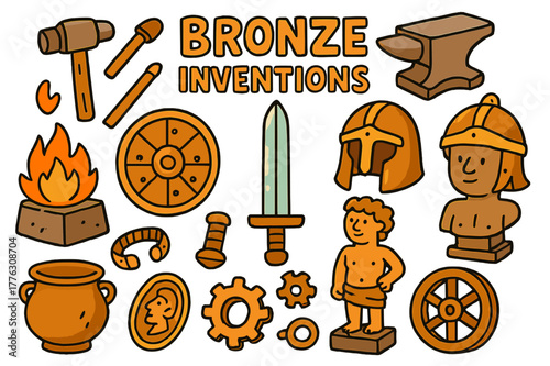 Bronze Age Creations. Bronze inventions. Colorful Hand-drawn doodle Children illustration Bronze inventions bronze tools, hammer, chisel, anvil, sword, shield,