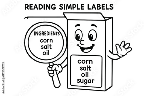 Kids Ingredient Discovery. Reading simple labels children?s coloring book illustration, outlined drawing, a friendly box with a big ?ingredients? panel and