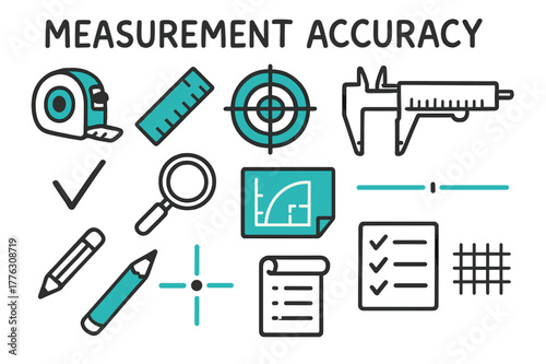 Measurement Accuracy Doodle. // Measurement accuracy. Hand-drawn doodle illustration Measurement accuracy [tape measure (accented), ruler (accented), target