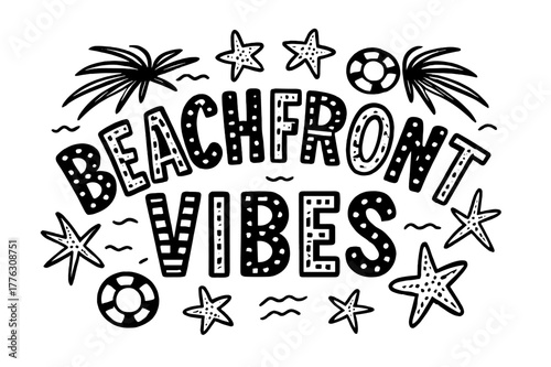 Beachfront Vibes Design. Beachfront Vibes ? playful decorative display lettering; patterned letters (dots/stripes/stars), gently arched word-shape; framed with