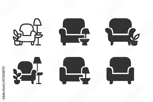 Home Staging Logos. Home staging for selling. Set Logo of home staging for selling: living room decor accents. Icon set. harmonious logo variations of the same