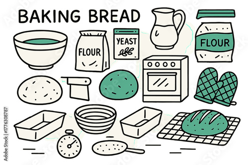 Baking Essentials Icons. // Baking bread. Hand-drawn doodle illustration Baking bread [mixing bowl (accented), flour bag, yeast packet (accented), water jug,