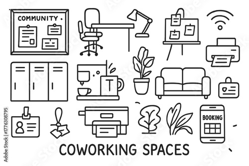 Coworking Office Doodles. Coworking spaces. Hand-drawn doodle illustration coworking spaces shared desk, desk lamp, whiteboard, sticky notes, coffee machine,