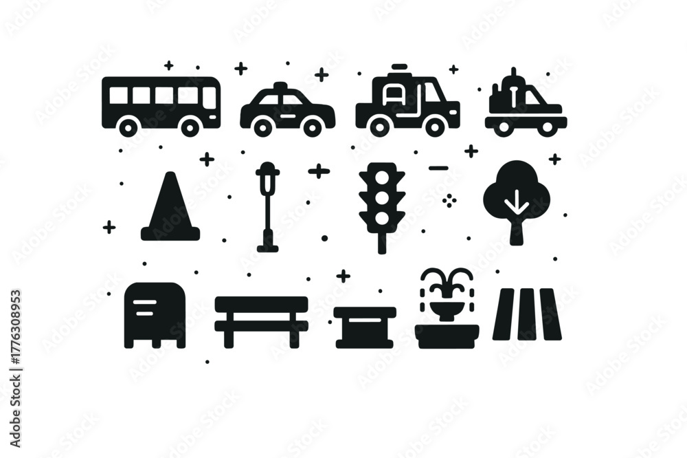 Fototapeta premium City Icons. City Elements. Solid icons set of City Elements: bus, police car, fire truck, taxi, construction cone, lamppost, stoplight, tree,