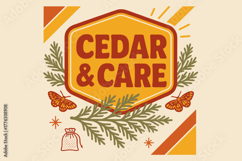 Retro Cedar Poster. Cedar & Care ? Retro Poster; chunky rounded title inside a framed badge with corner rays; diagonal stripe accents and spark bursts; strong