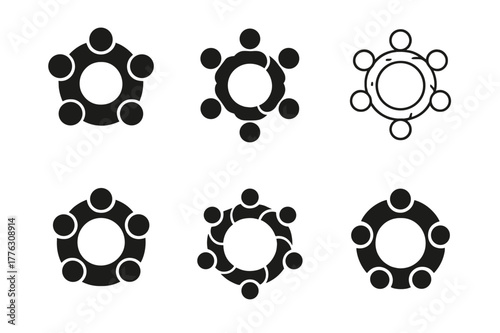 Global Unity Logos. Global cooperation. Set Logo of Global cooperation: roundtable of diverse figures. Icon set. harmonious logo variations of the same