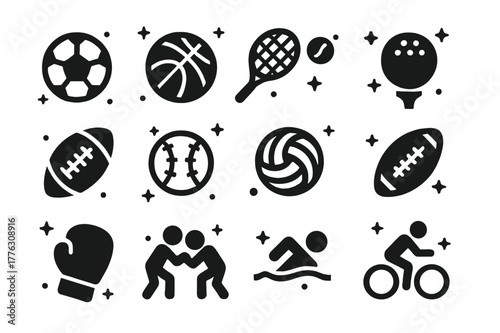 Black Sports Icons. Sports. Solid icons set of Sports: soccer, basketball, tennis, golf, football, baseball, volleyball, rugby, boxing, wrestling, swimming,