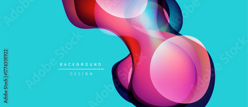 Abstract colorful shapes overlap, creating dynamic visual effect. Bright turquoise background complements vibrant pinks, reds, blues. Modern design.