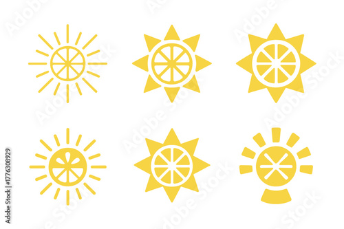 Lemonade Stand Logos. Lemonade stand decor and ideas for kids. Set Logo of lemonade stand decor and ideas for kids: sunburst with lemon at center. Icon set.