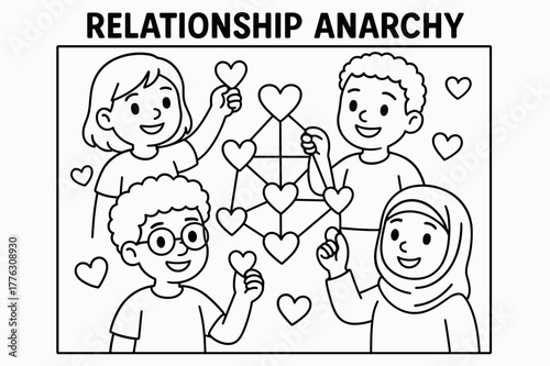 Diverse Friends' Heart Web. Relationship anarchy children?s coloring book illustration, outlined drawing, group of diverse friends creating a web of hearts,