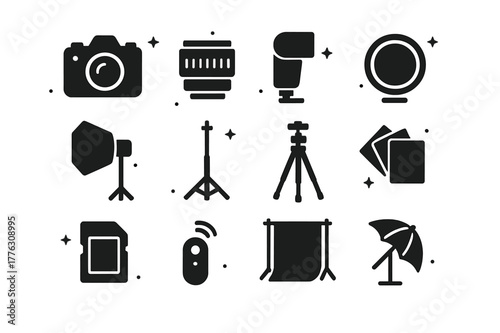 Cosplay Photography Icons. Cosplay photography. Solid icons set of Cosplay photography: DSLR camera, prime lens, external flash, reflector, softbox, light