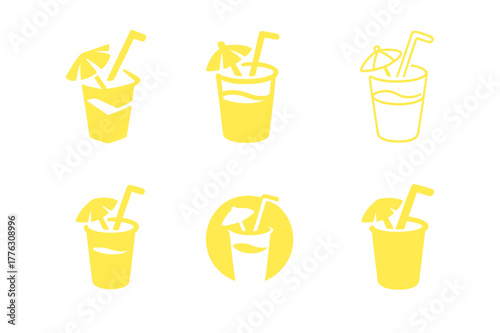 Kids' Lemonade Stand Logos. Lemonade stand decor and ideas for kids. Set Logo of lemonade stand decor and ideas for kids: takeaway cup with straw and tiny