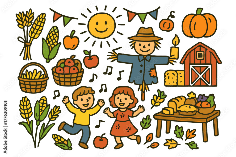 Fototapeta premium Harvest Festival Celebration. Harvest festival. Colorful Hand-drawn doodle Children illustration Harvest festival wheat sheaves, corn, pumpkin, baskets, hay