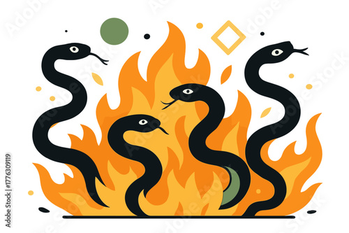 Fiery Serpent Dance. Writhing Serpents in Fire. Serpents slithering through blazing flames with floating abstract geometric shapes and glowing embers, dramatic