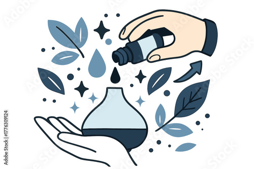 Aromatherapy Essence. Aromatherapy oils. Hands pouring essential oil into diffuser with abstract floating droplets, leaves, and sparkles; emphasizes