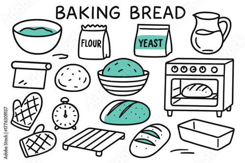 Baking Essentials Doodle. // Baking bread. Hand-drawn doodle illustration Baking bread [mixing bowl (accented), flour bag, yeast packet (accented), water jug,