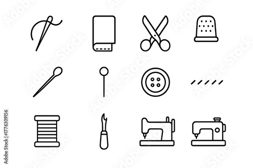 Hand Stitching Icon Set. Hand stitching. Line icon set of hand stitching: needle, thread, fabric fold, scissors, thimble, measuring tape, pin, button, stitch