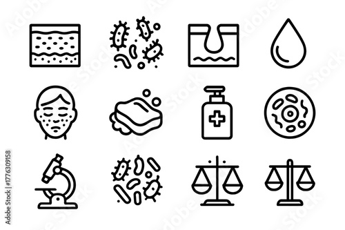 Skin Microbiome Icons. Skin microbiome. Line icon set of skin microbiome: skin layers, bacteria, pore, droplet, face, soap, sanitizer, cell, microscope, lotion
