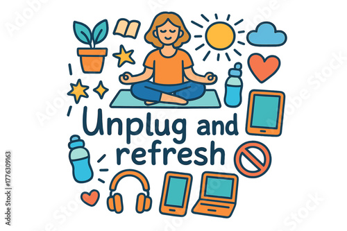Unplug and Refresh. Unplug and refresh. Hand-drawn doodle illustration of unplug and refresh. Meditation pose,