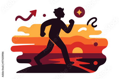 Silhouette at Sunset. Silhouette in sunset. A lone figure stands on a ridge as the sun melts into bands; ?Golden hour? curls across the horizon. Long shadows