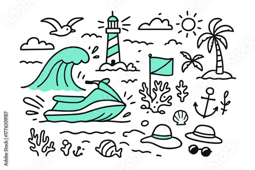 Ocean Adventure Doodle. // Ocean ride. Hand-drawn doodle illustration Ocean ride [jet ski (accented), rolling wave (accented), seagull, lighthouse (accented),