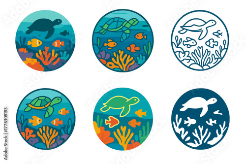 Coral Reef Logos. A vibrant coral reef teeming with colorful fish, sea turtles, and coral formations. Set Logo of A vibrant coral reef teeming with colorful