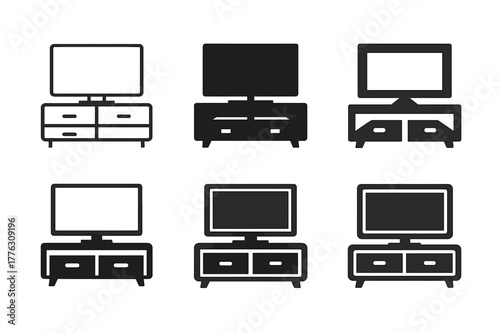 TV Stand Logos. A TV stand with storage for electronics and media. Set Logo of A TV stand with storage for electronics and media: low-profile TV console with