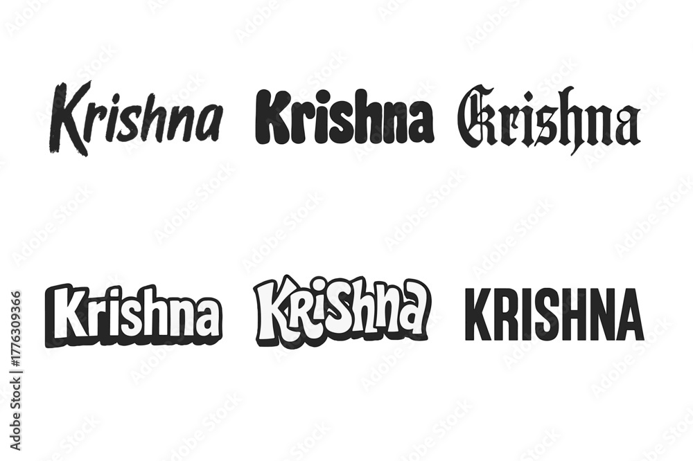 Fototapeta premium Krishna Lettering Variations. Krishna Deity. Set lettering. harmonious lettering variations of the same emblematic concept, each with different artistic