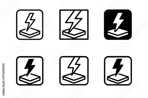 Energy-Harvesting Floor Icons. Radical new takes on home automation and living spaces. Set Logo of energy-harvesting floor: piezo tiles with lightning bolt.