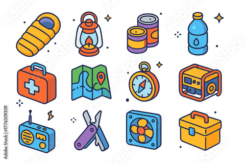 Colorful Survival Kit Icons. Survival shelter. Colorful isometric vector icons set of survival shelter: sleeping bag, lantern, canned food, bottled water,
