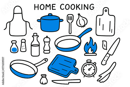 Home Cooking Essentials. // Home cooking. Hand-drawn doodle illustration Home cooking [pot (accented), skillet (accented), spatula, cutting board (accented),