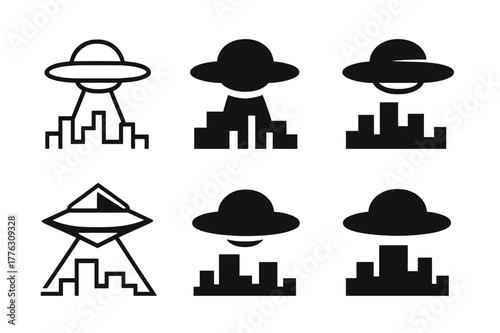 UFO Skyline Logos. UFO sightings. Set Logo of classic flying saucer over skyline: Minimal outline, Filled silhouette, Abstract geometric, Negative space, Flat