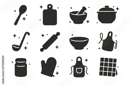Rustic Kitchen Icons. Rustic Kitchen Tools. Solid icons set of Rustic Kitchen Tools: wooden spoon, cutting board, mortar and pestle, clay pot, ladle, rolling