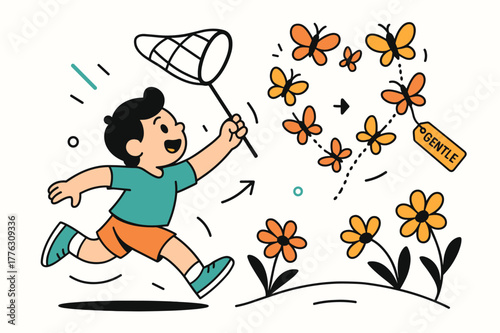 Chasing Hearts. Butterfly chase. A child reaches with a soft net as butterflies form a dotted heart; ?Gentle? hangs on a tiny tag. Flowers bow like cheering