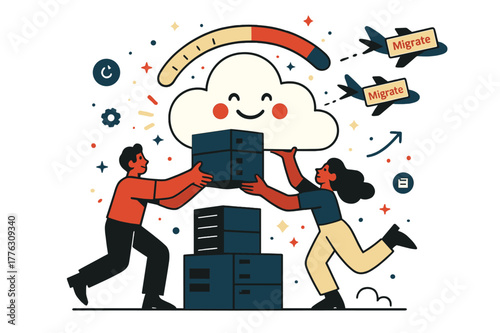 Cloud Migration Celebration. Cloud migration. Engineers lift server boxes into a smiling cloud; tiny planes carry files with ?Migrate? tags. A progress bar