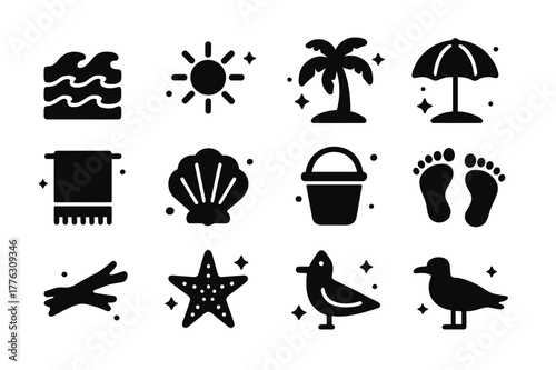 Beach Icon Set. Tide and Sand. Solid icons set of Tide and Sand: ocean waves, sand, sun, palm tree, beach umbrella, towel, seashell, bucket, footprints,
