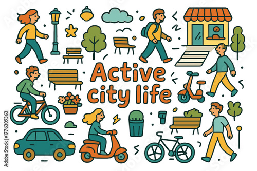 Vibrant Urban Doodle. Active city life. Hand-drawn doodle illustration of active city life. Pedestrians,